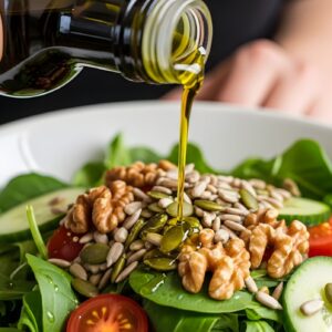 Olive Oil Pouring Over Fresh Salad Healthy Eating Concept Vegetarian Cuisine Close Up Green Salad With Walnut Cucumber Tomato Sunflower Seeds